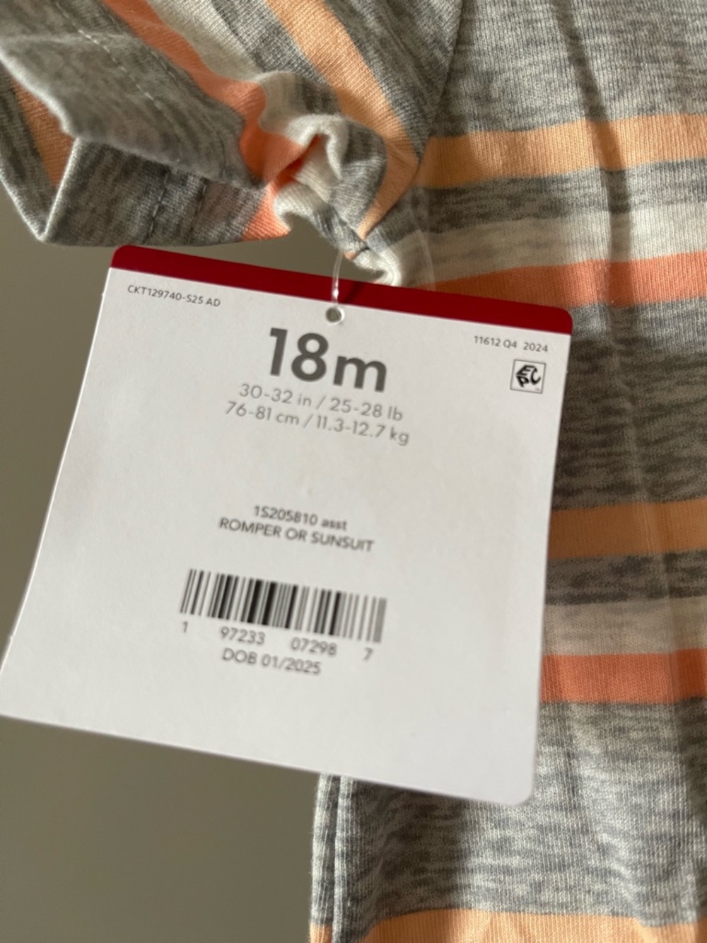 NWT Carter's Striped Hooded Baby Romper in Gray and Peach - Picture 2 of 3